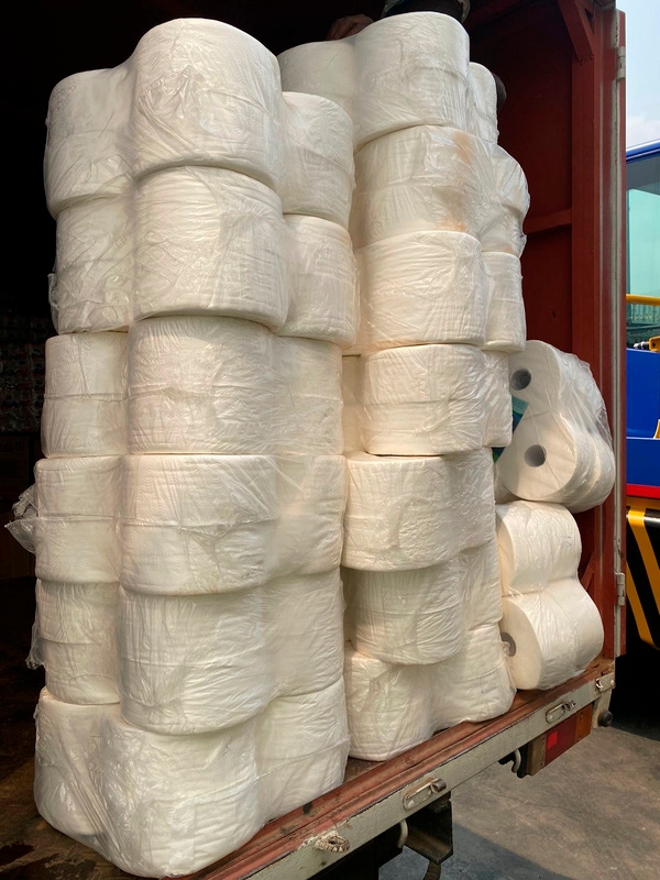 Rolos de papel higiênico e produtos de limpeza industrial organizados, incluindo inseticida Spritex